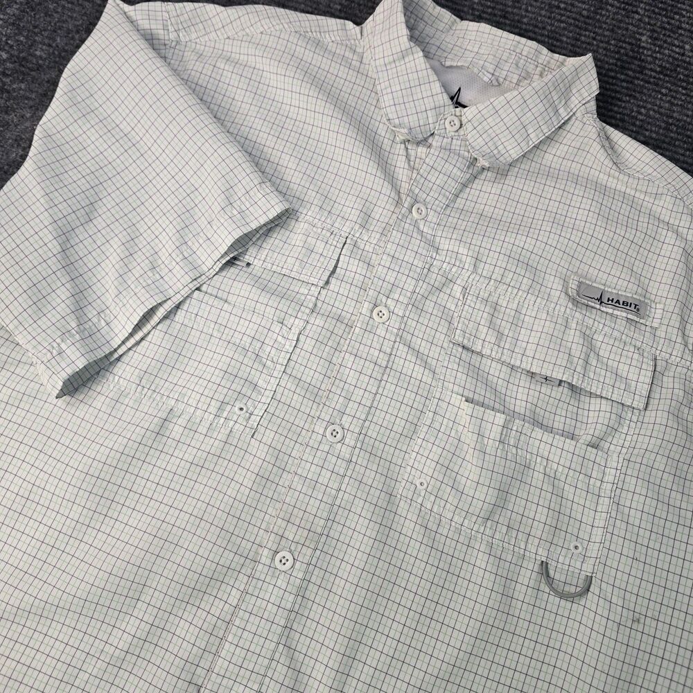 Habit Fishing Shirt Mens XL White Green Checkered Short Sleeve Vented Outdoor